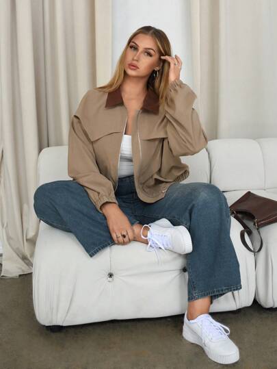 Auralis Plus Size Autumn New Contrast Collar Loose Casual Commuter Work Outdoor Street Fashion Lightweight Zipper Jacket, Short Barn Jacket, Early Autumn Thin Windproof Jacket, Khaki Jacket,Fall Clothes For Women