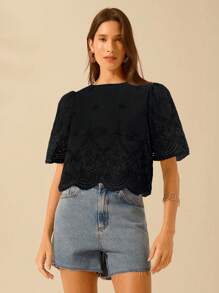 CAJUNI Women's Lace Hollow Short Top With Shoulder Ruching, Vacation Casual - Black - View 5