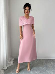 Modelyn Women's Woven Mesh Embroidered Cape Design French Elegant Dress - Pink - View 6