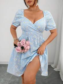 Elenzga 大码女式花卉印花荷叶边方领泡泡袖浪漫度假连衣裙 - 藍色 - 查看 1