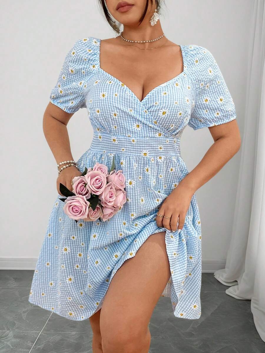 Elenzga 大码女式花卉印花荷叶边方领泡泡袖浪漫度假连衣裙 - 藍色 - 查看 1