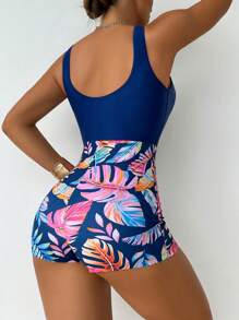 Swim Lushoire 女士夏季海滩度假风格热带印花低背连体泳衣 - 彩色 - 查看 2