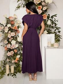 SHEIN Maternity Solid Color Pleated Dress, Elegant For Party - Purple - View 2