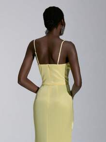 Elitara Elegant Cream Yellow Satin Shiny Elastic Spaghetti Strap Fish Bone Tape Low Waist Fish Tail Slit Maxi Dress, Suitable For Dates, Vacations, Music Festivals, Weddings, Awards Ceremonies, Graduation, Prom, Formal Occasions - Light Yellow - View 6