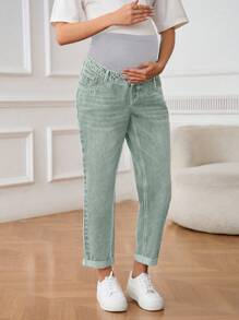 SHEIN Jeans lavados de cintura alta con bloqueo de color, corte relajado, para maternidad - Verde militar - Ver 3
