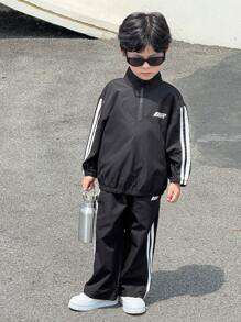 SHEIN 2 件套年轻男童宽松休闲运动夹克和裤子，舒适运动套装，适合秋冬季