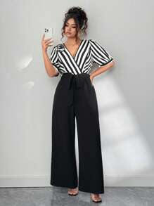 Elenzga 大码女士时尚休闲独特高端条纹拼接 3D 花卉连体裤，适合夏季日常通勤和办公室穿着，“Kooky Elegance Collection (Woe Is Me Vibes)(Wednesday Aesthetic)” - 黑與白 - 查看 6