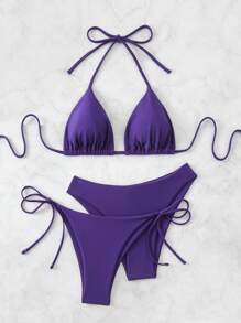Swim Basics 3 件套女士纯色吊带系带性感比基尼泳装套装，夏季海滩 - 紫色 - 查看 3