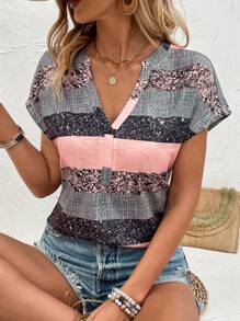 EMERY ROSE 随机印花缺口领T恤图案T恤女式上衣 - 彩色 - 查看 3