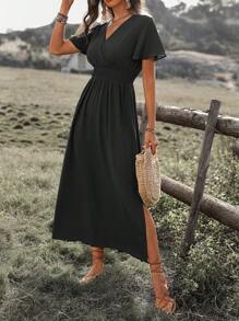 SHEIN PETITE Women's Shirred Elastic Waist Bohemian Casual Vacation Beach Dress, Side Slit Flare Sleeves, Long Dress Length - Black - View 5