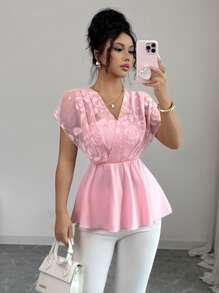 Elenzga New Chiffon Floral Cutout Casual Elegant Date Style Tie-Up Versatile Blouse For Women, Spring/Summer - Baby Pink - View 5