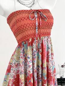 SHEIN Unity 女式休闲节日印花拼布不对称下摆抹胸连衣裙 - 彩色 - 查看 6