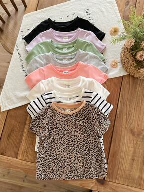 8pcs/Set Young Girl Knitted Crew Neck Fitted Casual T-Shirts