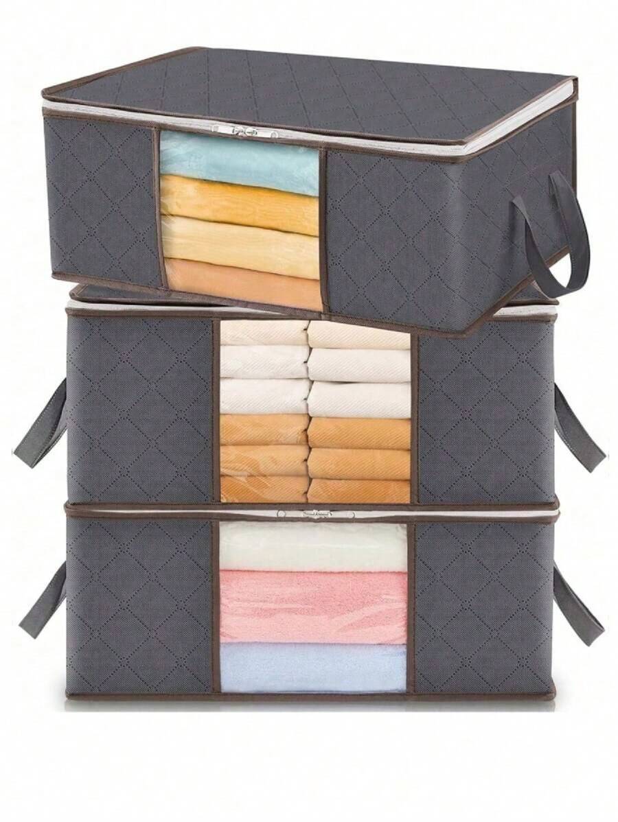 SHEIN 3 buah Tas Penyimpanan Lipat untuk Mengatur Rumah, Wadah Penyimpanan Rumah Tangga untuk Pakaian, Seprai, Sweater, Bantal, Pengatur Lemari - abu-abu sedang - View 1