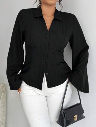 Elenzga Plus Size Women's Solid Color Long Sleeve Single-Breasted Casual Loose Shirt