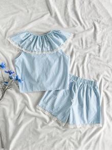 SHEIN Vintaside Kids Mädchen Ärmellose Spitze Große Kragen Mode Einfach Top Kombiniert Mit Lässig Vielseitig Spitzenshorts Set, Perfekt Für Sommer Zuhause Lässig Oder Für den Täglichen Outdoor-Gebrauch