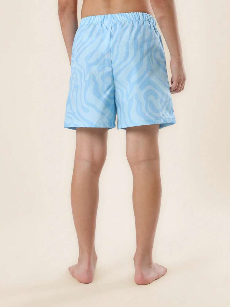 Wave Pattern Comfort Waistband Mid-Thigh Swim Trunks
