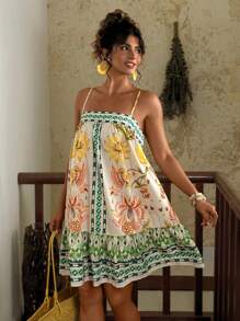 Travachic 加大码波西米亚风热带彩色花卉印花无袖短款太阳裙，女士休闲度假装，初秋 - 彩色 - 查看 5