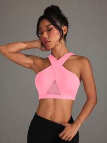 Easithlete Women's Solid Color Mesh Patchwork Sports Bra For Daily Fitness - Pink - View 3