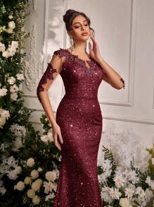 Glamrae Đầm dạ hội đuôi cá cổ chữ V tay dài đính sequin lưới màu tương phản thanh lịch, eo cao - Màu Đỏ Sâu - Xem 7