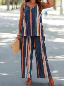 EMERY ROSE Conjunto de 2 piezas con top sin mangas de cuello en V a rayas de contraste y pantalón de pierna ancha en talla grande, corte holgado para el verano - Multicolor - Ver 1