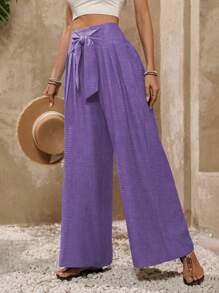 EMERY ROSE 女士纯色度假阔腿宽松裤，腰部打结和褶皱 - 紫丁香色 - 查看 6