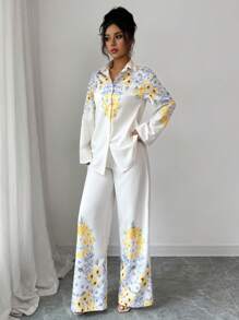 Modelyn 2件套女士花卉印花长袖单排扣衬衫和裤子套装 - 黃色 - 查看 4