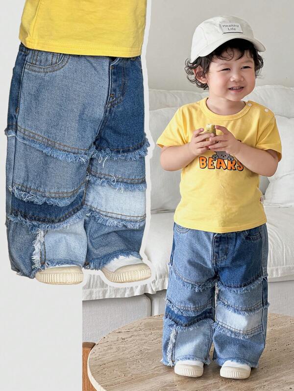 SHEIN Baby/Toddler Boys Urban Street Cool Trending Stonewashed Casual Soft Fit Dark & Light Blue Patchwork Raw Edges Loose Fit Baggy Blue Denim Pants Jeans,Leisure And Versatile For Baby Clothes Boys Spring/Summer Indoor/Outdoor Wear Clothes And Dailywear Streetwear Outfits