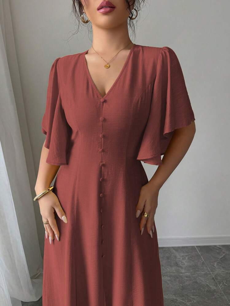 SHEIN Elenzya Abito casual ed elegante da donna con scollo a V, vita cinturata, orlo con spacco, dettaglio con bottone, maniche a palloncino, adatto per il pomeriggio del tè, feste, vacanze, pendolarismo, monocromatico, primavera/estate - Marrone ruggine - Visualizzare 6