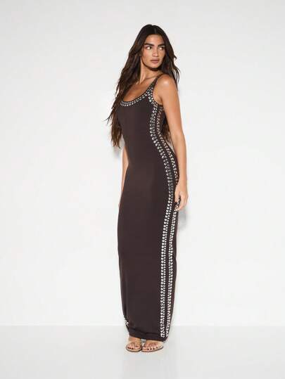 KIZN Studded Maxi Dress Long Floor Length Evening Gown Form Fitting Sleeveless Special Occasion Statement Dress With Metal Embellishments Glamorous Side Detail
