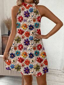 SHEIN Clasi Crochet Lace Print Halter Neck Women's Dress, Suitable For Summer Beach Wear Women's Summer Clothes Summer Outfits For Women Country Outfits Women  Floral Summer Dress Women Flower Print Dress Colorful Flower Dress Summer Dresses For Vacation Sundresses For Women,Boho Clothes Women Suitable For Going Out