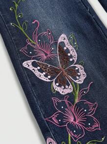 ROMWE Fairycore 女士复古Y2K性感蝴蝶藤蔓刺绣水钻装饰超低腰喇叭牛仔裤 - 藍色 - 查看 2