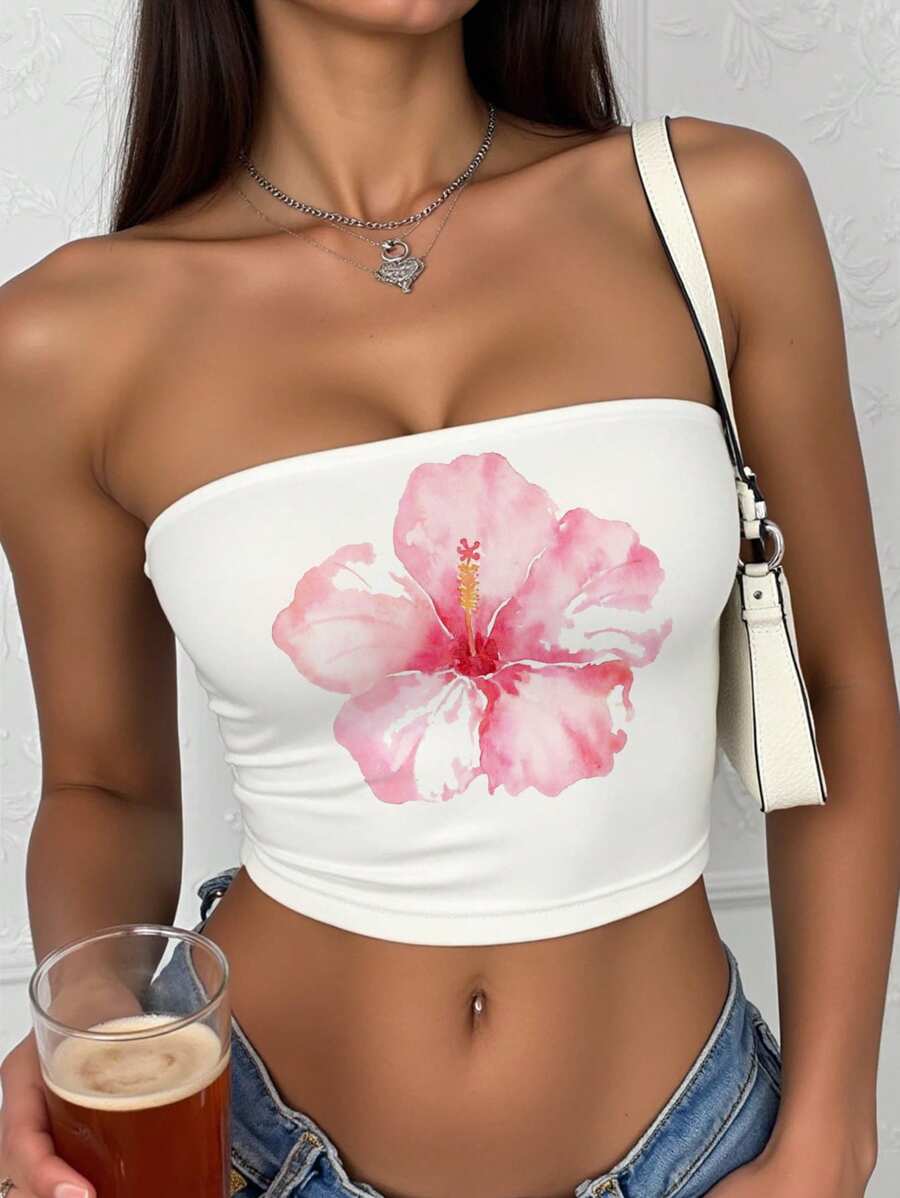 INAWLY 女士性感短款上衣，带有简约的美国热带花卉印花，适合海滩度假、休闲夏季