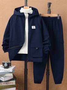 SHEIN 2 件套休闲男童服装：带口袋的连帽夹克，纯色松紧腰裤，适合户外、学校、日常聚会、秋冬 - 藏蓝色 - 查看 9