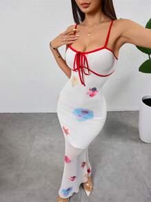 Chiquease 女式撞色饰边细肩带系腰网眼拼接紧身连衣裙 - 彩色 - 查看 3