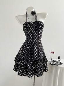 SHEIN Unity Women's Polka Dot Print Fitted Ruffle Hem Mini Dress, Holiday Resort Style - Black - View 2