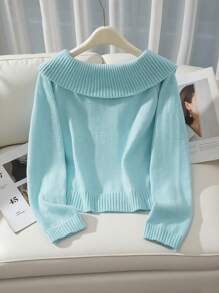 Franclia Suéter de punto con botones decorativos de unicolor, versátil y casual para otoño e invierno - Azul - Ver 2