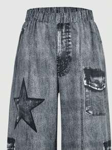 Women's Black Short Sleeve T-Shirt With Black English Letter & Star Pattern, Paired With Black Pants - Mommy And Me Matching Outfits (2 Sets Sold Separately) Y2k Outfit Rockstar Outfit Women 90s Outfit Star Jeans Outfit