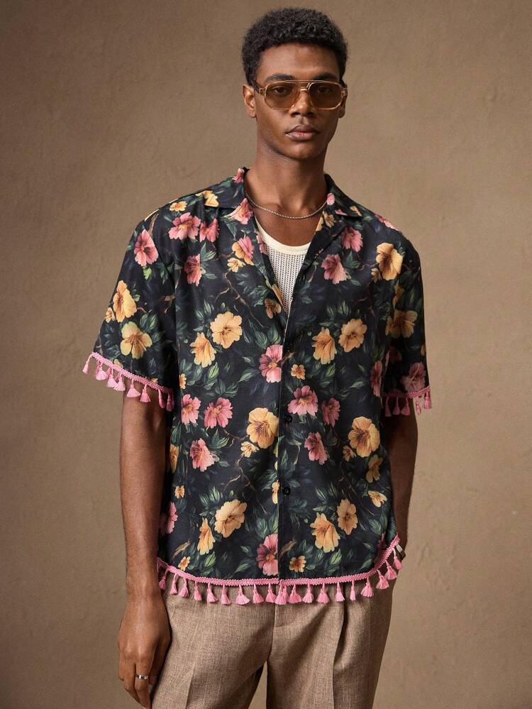 Floral Print Tassel Collar Short Sleeve Shirt, Boyfriend Gift, Loose Fit Hawaiian Beach Casual Shirt