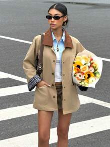 Muchica 女士休闲纽扣领拼色超大夹克，带口袋格子袖宽松拼色翻领口袋休闲长袖女士夹克秋冬 - 棕色 - 查看 5