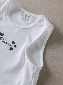 PrepCrw Young Girls Academy Style White Letter Print Knitted Camisole And Shorts Set, Summer Cute Back To School Outfits Young Girl Clothes For School - White - View 6