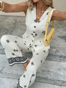 SHEIN Frenchy Bộ đồ nữ thu mới thanh lịch khi đi làm, trang phục công sở cho nữ, trang phục hẹn hò cho nữ, bộ đồ hai mảnh phong cách cổ điển cho nữ, bộ đồ mặc nhà mùa hè cho nữ, áo vest và quần dài in hoa đơn hàng khuy, bộ đồ thường ngày 2 món - Màu be - Xem 6