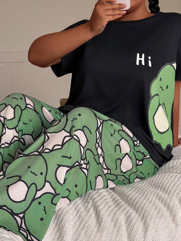 SHEIN Schattige pyjamaset met korte mouwen en broek in dinosaurusprint, plus size
