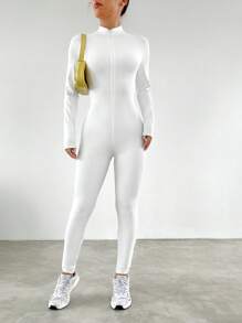 SHEIN EZwear 拉链拇指孔拉链前白色紧身连体裤 - 白色 - 查看 5
