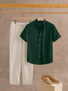 HIMLAND 2pcs/Set Men Woven Close-Fitting V-Neck Short Sleeve Casual Shirt Set