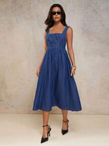 COSMINA 女式夏季方领荷叶边无袖休闲牛仔连衣裙