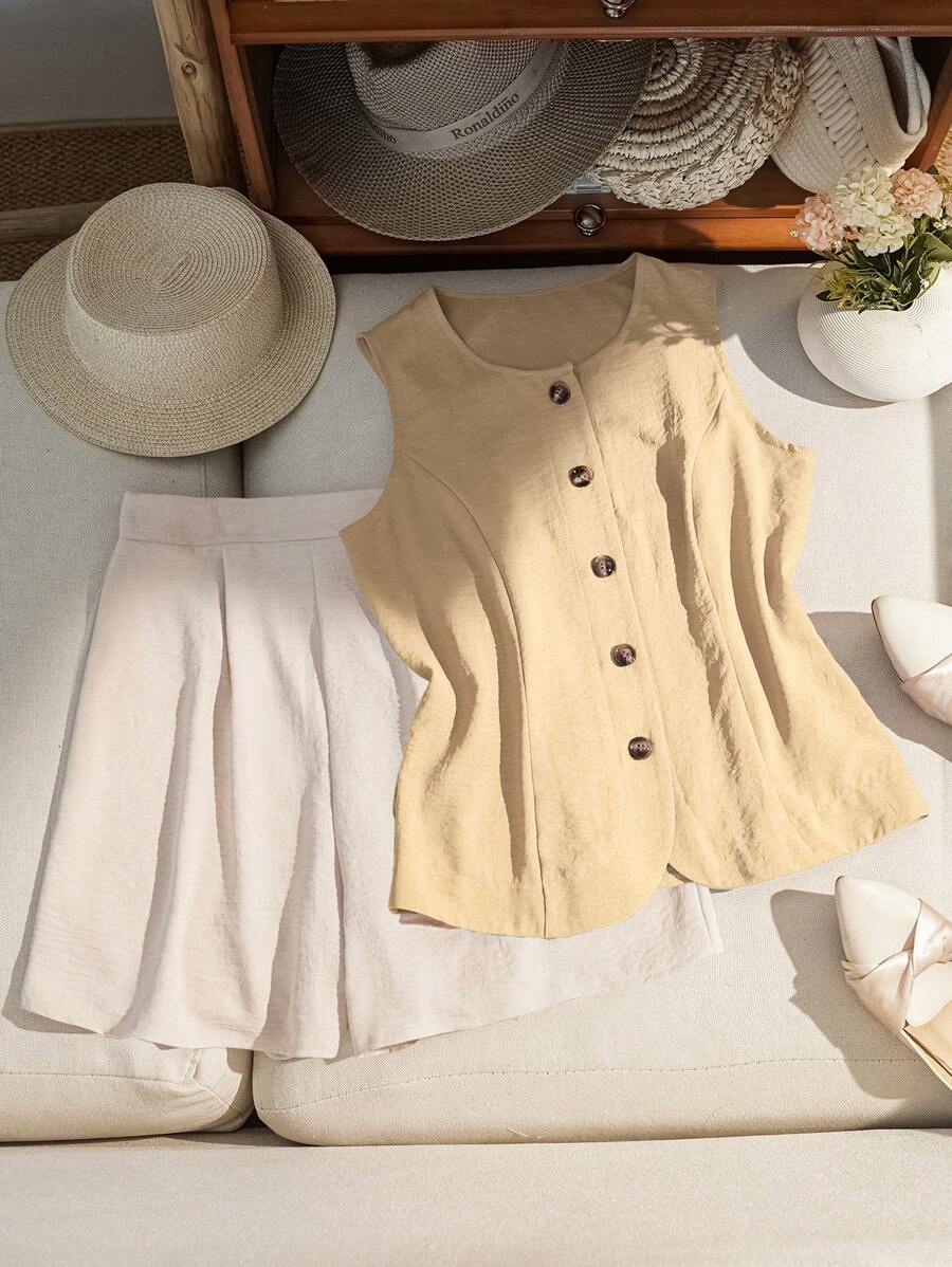 SHEIN LUNE 2pcs/Set Women Linen-Like Texture Faux Wood Button Sleeveless Blouse And Shorts Sets - Yellow - View 1