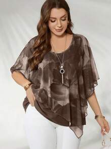 Flouryn Áo sơ mi kiểu Poncho hở lưng lưới thanh lịch cỡ lớn cho nữ - Cà phê nâu - Xem 1