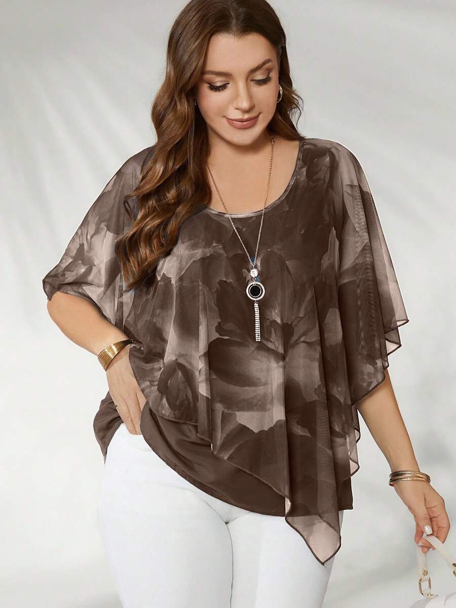 Flouryn Áo sơ mi kiểu Poncho hở lưng lưới thanh lịch cỡ lớn cho nữ - Cà phê nâu - Xem 1