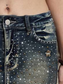 ROMWE Grunge Punk Váy denim mini gợi cảm Y2K Vintage Street Style cạp thấp đính đá trang trí - Màu xanh lam - Xem 6